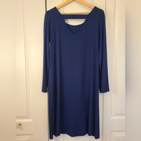 Eileen Fisher Knit Shift Dress Keyhole Back Long Sleeve Blue Size L Petite - Picture 7 of 14